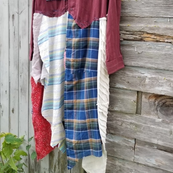 Boho Patchwork Plaid Shirt Dress Upcycled    - Picture 2 of 8